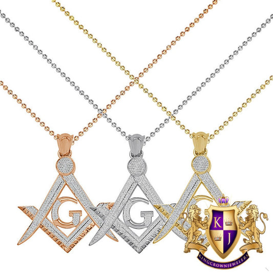 Real Genuine Natural Diamond G Compass Masonic Mason 10K Gold Finish Men's Ladies Pendent Charm Chain Neckless Set Mini Small 1.2''