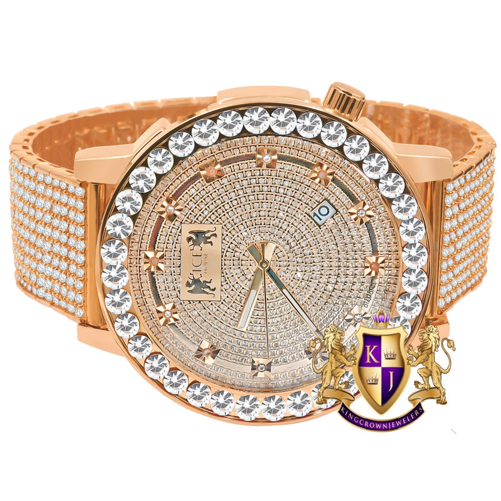 Men's Channel Set Solitaire 18K Rose Gold Finish Simulated Diamond 5 ATM Water Resistant Solid Steel Back Custom Luxury Watch W/Date 55mm