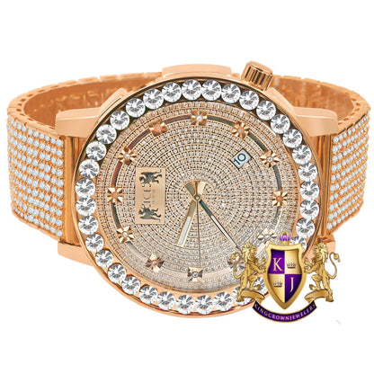 Men's Channel Set Solitaire 18K Rose Gold Finish Simulated Diamond 5 ATM Water Resistant Solid Steel Back Custom Luxury Watch W/Date 55mm