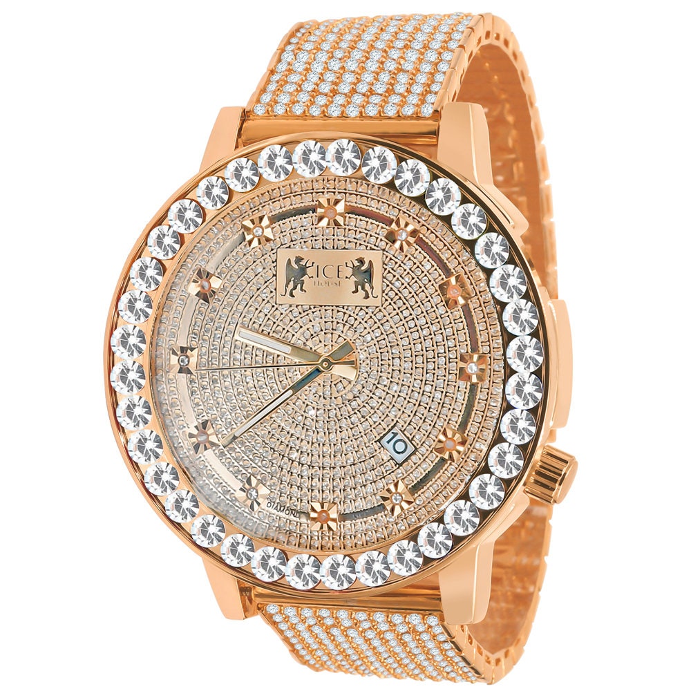 Men's Channel Set Solitaire 18K Rose Gold Finish Simulated Diamond 5 ATM Water Resistant Solid Steel Back Custom Luxury Watch W/Date 55mm