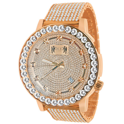Men's Channel Set Solitaire 18K Rose Gold Finish Simulated Diamond 5 ATM Water Resistant Solid Steel Back Custom Luxury Watch W/Date 55mm
