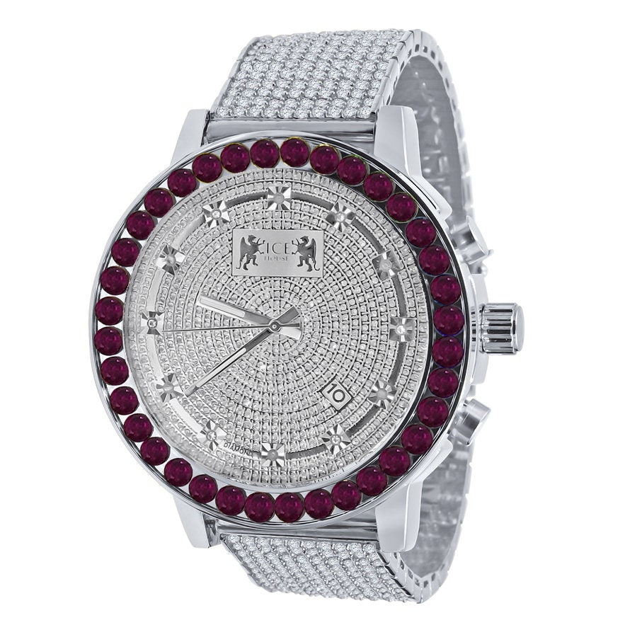 Men's Channel Set Ruby Red Dial 18K White Gold Simulated Diamond 5 ATM Water Resistant 10 Row Iced Band Custom Luxury Watch W/Date 55mm