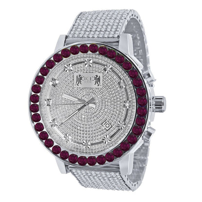 Men's Channel Set Ruby Red Dial 18K White Gold Simulated Diamond 5 ATM Water Resistant 10 Row Iced Band Custom Luxury Watch W/Date 55mm