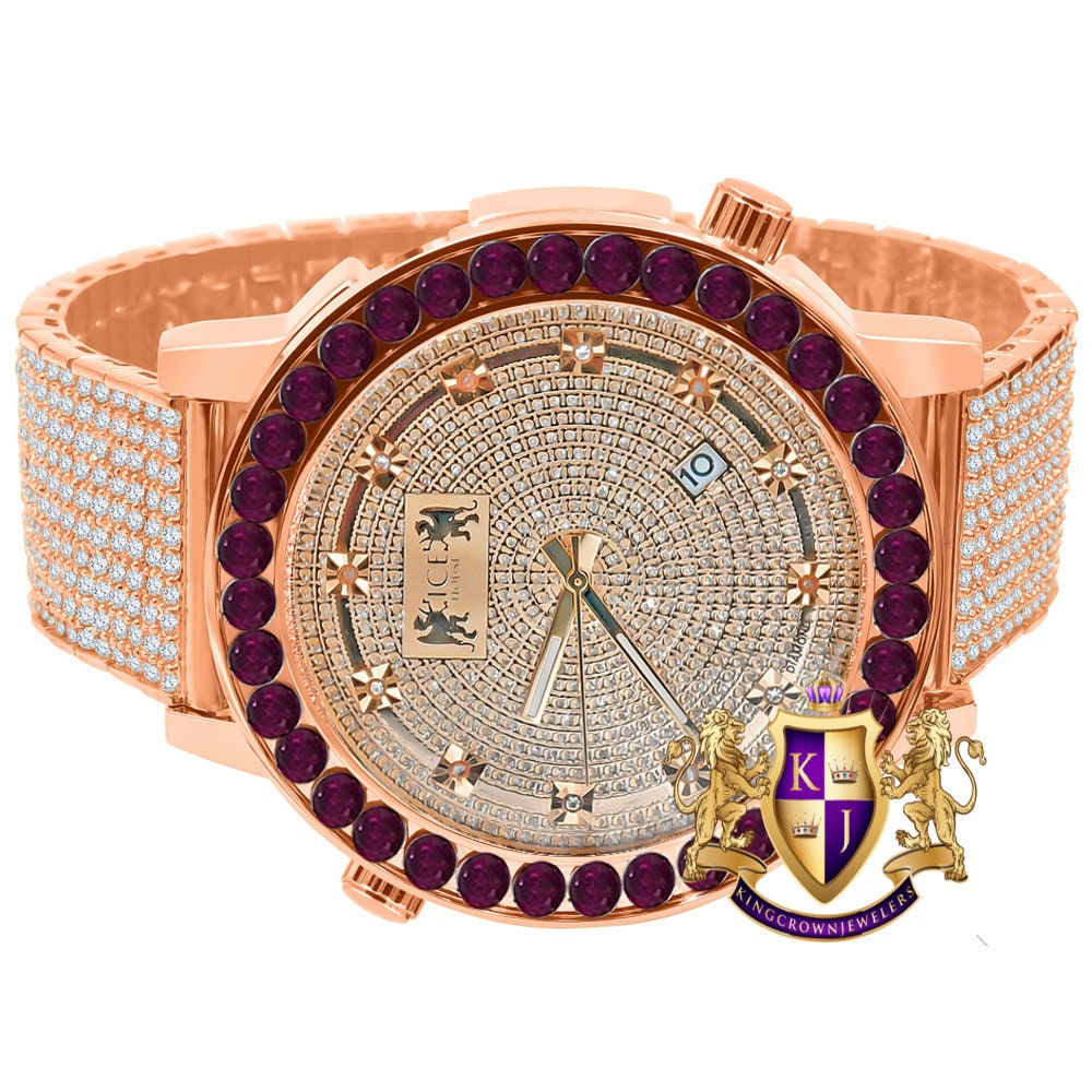 Men's Channel Set Solitaire Ruby Red Dial 18K Rose Gold Finish Simulated Diamond 5 ATM Water Resistant 10 Row Iced Band Custom Watch W/Date