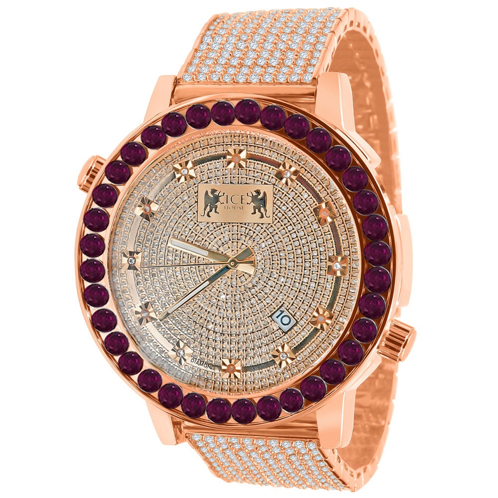 Men's Channel Set Solitaire Ruby Red Dial 18K Rose Gold Finish Simulated Diamond 5 ATM Water Resistant 10 Row Iced Band Custom Watch W/Date