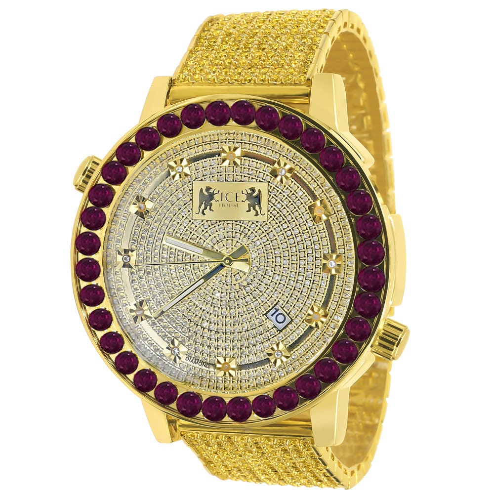 Men's Channel Set Solitaire Canary Citrine Ruby Red Dial 18K Gold Tone Simulated Diamond 5 ATM Water Resistant 10 Row Icy Band Custom Watch