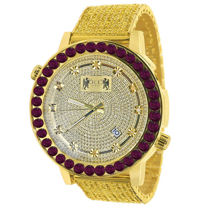 Men's Channel Set Solitaire Canary Citrine Ruby Red Dial 18K Gold Tone Simulated Diamond 5 ATM Water Resistant 10 Row Icy Band Custom Watch