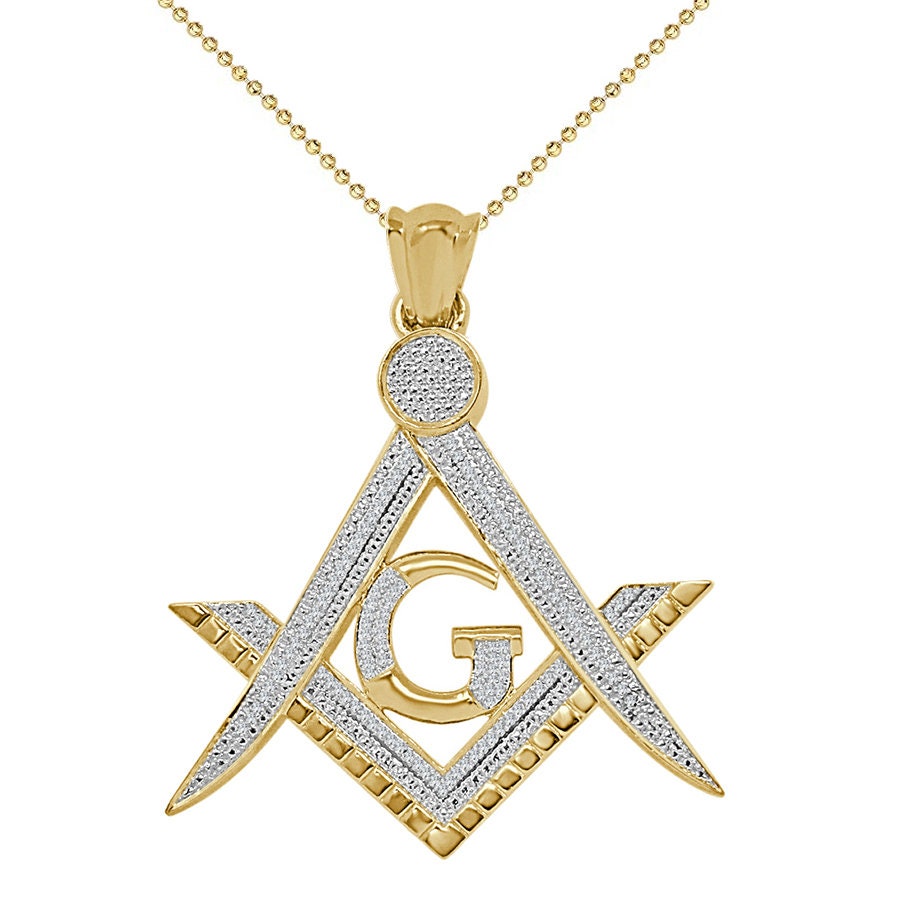 Men's Ladies Real Authentic Genuine Diamond 17+ Grams Masonic Freemasonry G Compass 10K Gold Over Pendent Charm Neckless Chain Set 1.55''