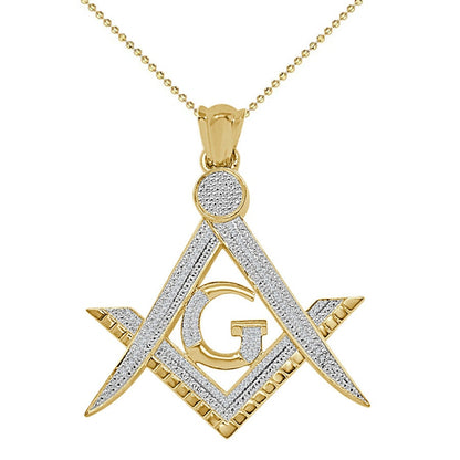 Men's Ladies Real Authentic Genuine Diamond 17+ Grams Masonic Freemasonry G Compass 10K Gold Over Pendent Charm Neckless Chain Set 1.55''