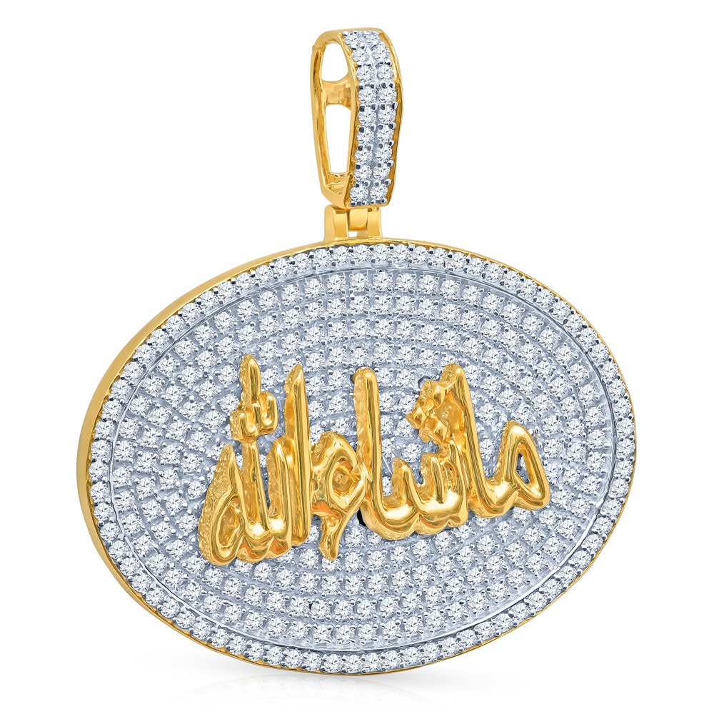 Real Genuine Sterling Silver 24+ Grams 4.00 Cwt. Simulated Diamond Mashallah Muslim Charm Islamic Arabic Oval Shape Allah Custom Pendant