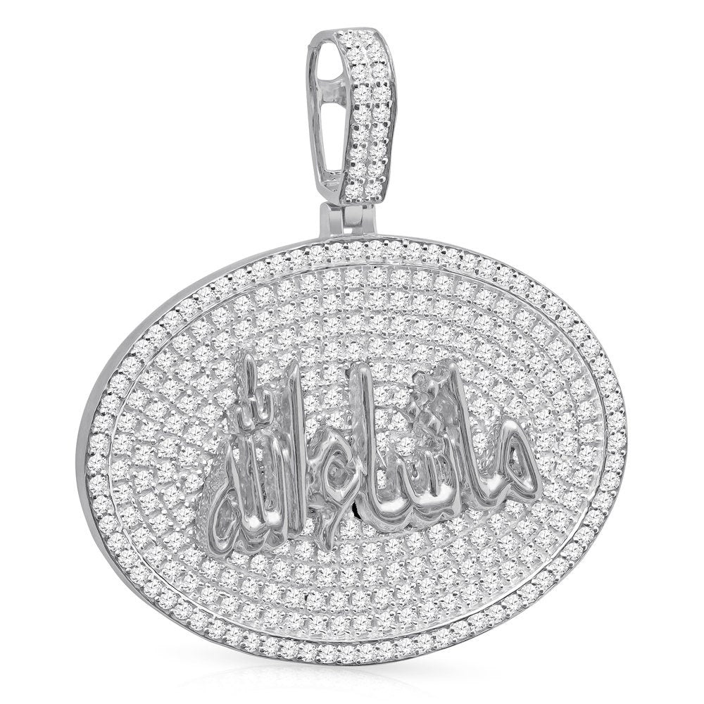Real Genuine Sterling Silver 24+ Grams 4.00 Cwt. Simulated Diamond Mashallah Muslim Charm Islamic Arabic Oval Shape Allah Custom Pendant