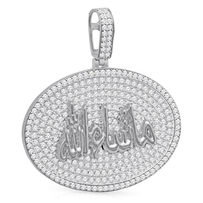 Real Genuine Sterling Silver 24+ Grams 4.00 Cwt. Simulated Diamond Mashallah Muslim Charm Islamic Arabic Oval Shape Allah Custom Pendant