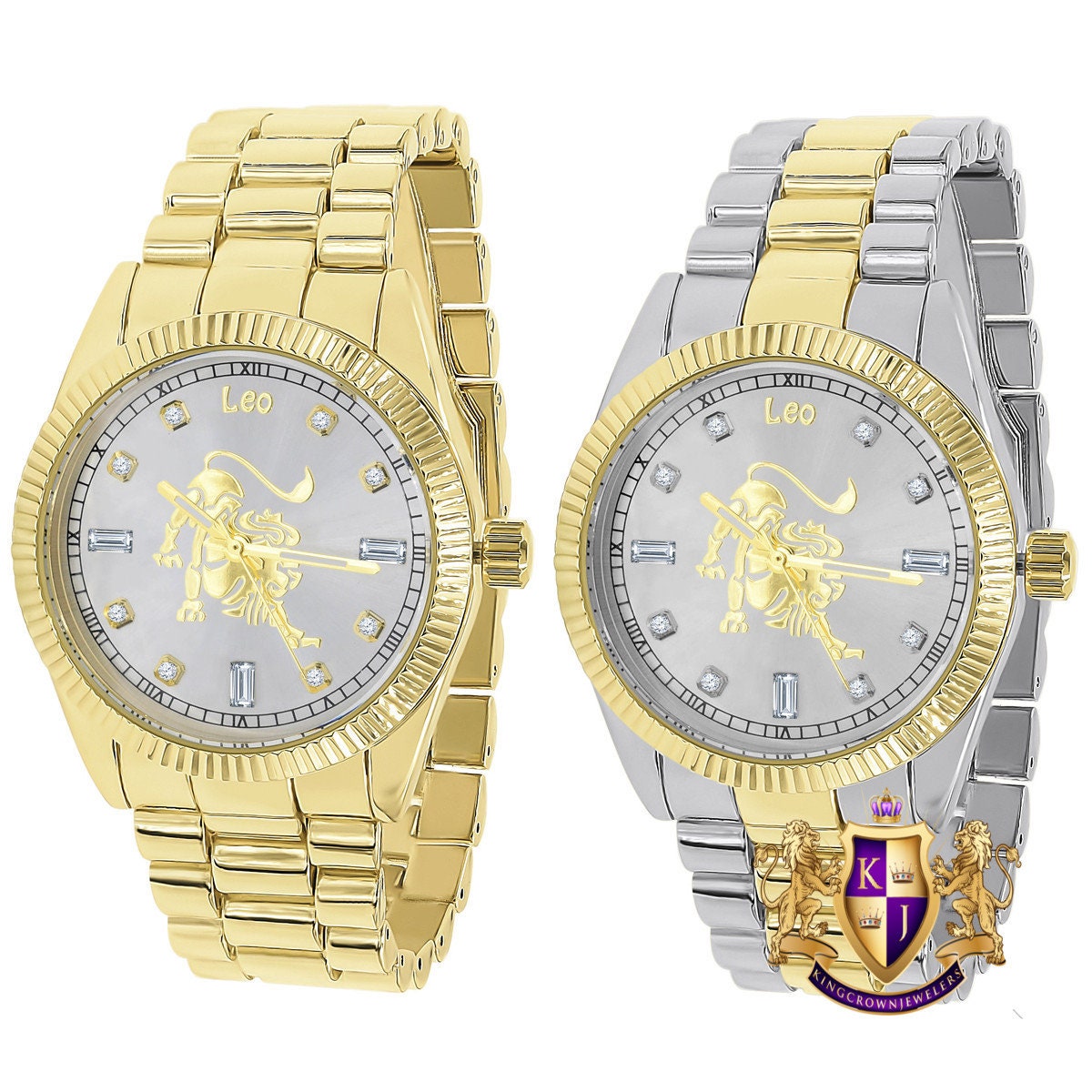 14K Gold Finish Zodiac Sign Leo Lion King Astrology Horoscope 5 ATM Water Resistant Metal Band Presidential Unisex Custom Watch 40mm