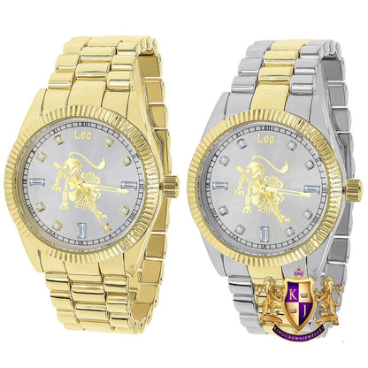 14K Gold Finish Zodiac Sign Leo Lion King Astrology Horoscope 5 ATM Water Resistant Metal Band Presidential Unisex Custom Watch 40mm