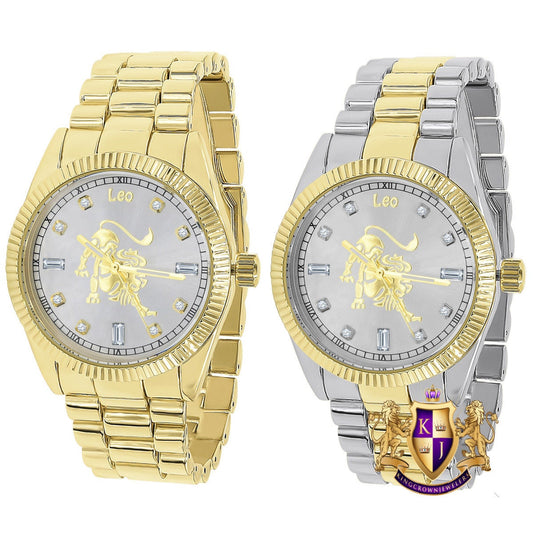 14K Gold Finish Zodiac Sign Leo Lion King Astrology Horoscope 5 ATM Water Resistant Metal Band Presidential Unisex Custom Watch 40mm
