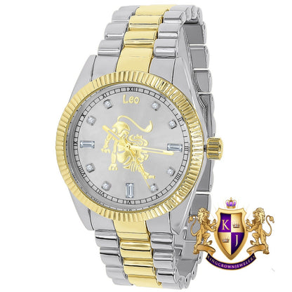 14K Gold Finish Zodiac Sign Leo Lion King Astrology Horoscope 5 ATM Water Resistant Metal Band Presidential Unisex Custom Watch 40mm