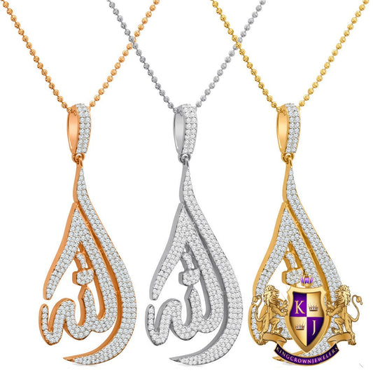 14k Gold Over Real Genuine Sterling Silver Simulated Diamond Allah God Muslim Islamic Arabic Unisex Charm Pendant Chain Neckless Set 2.65