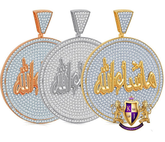 2.55''  14K Yellow Gold Over Real Sterling Silver Simulated Diamond Mashallah Muslim Men's Custom Religious Allah Pendant Medallion Charm