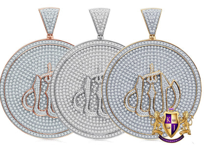 2.55'' Real 14K Gold On Genuine Sterling Silver Simulated Diamond Allah God Muslim Arabic Islamic Charm Pendant Round Medallion 33+ Grams