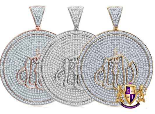 2.55'' Real 14K Gold On Genuine Sterling Silver Simulated Diamond Allah God Muslim Arabic Islamic Charm Pendant Round Medallion 33+ Grams