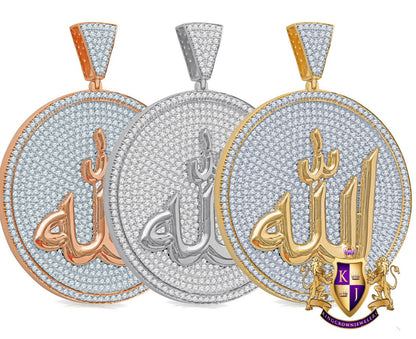 2.55''' Real 14K Gold On Genuine Sterling Silver Allah God Muslim Islamic Pendant 8.00 Ct. Simulated Diamond Medallion Men's Charm 30+ Grams