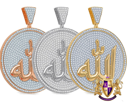 2.55''' Real 14K Gold On Genuine Sterling Silver Allah God Muslim Islamic Pendant 8.00 Ct. Simulated Diamond Medallion Men's Charm 30+ Grams