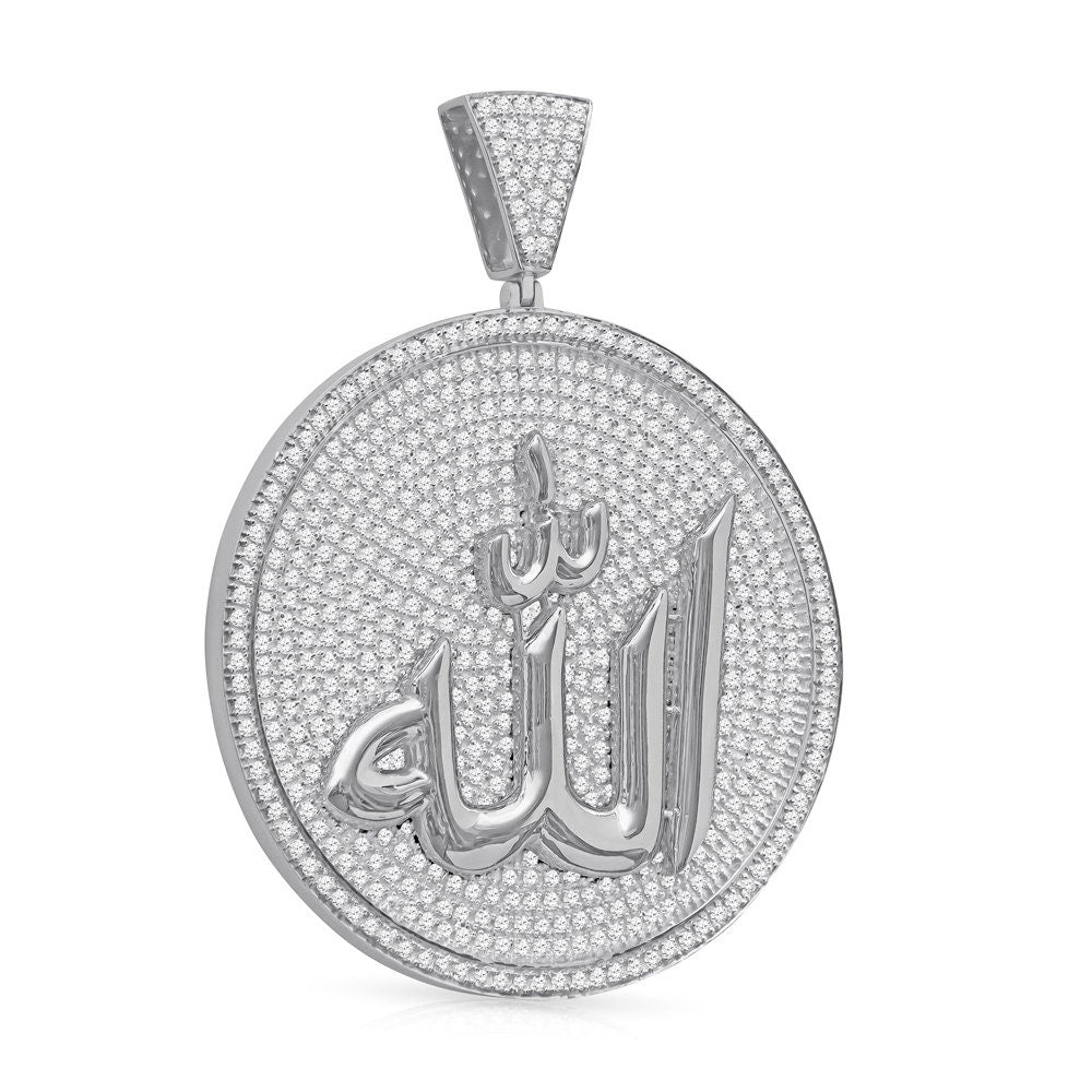 2.55''' Real 14K Gold On Genuine Sterling Silver Allah God Muslim Islamic Pendant 8.00 Ct. Simulated Diamond Medallion Men's Charm 30+ Grams