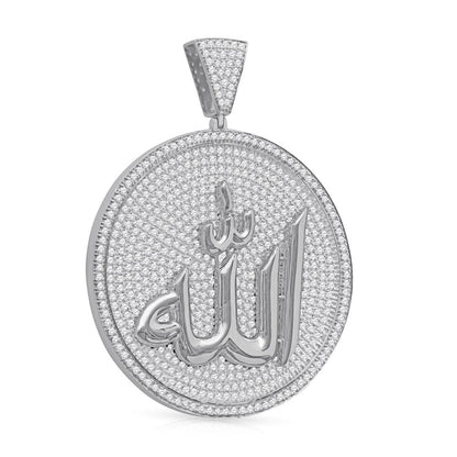 2.55''' Real 14K Gold On Genuine Sterling Silver Allah God Muslim Islamic Pendant 8.00 Ct. Simulated Diamond Medallion Men's Charm 30+ Grams