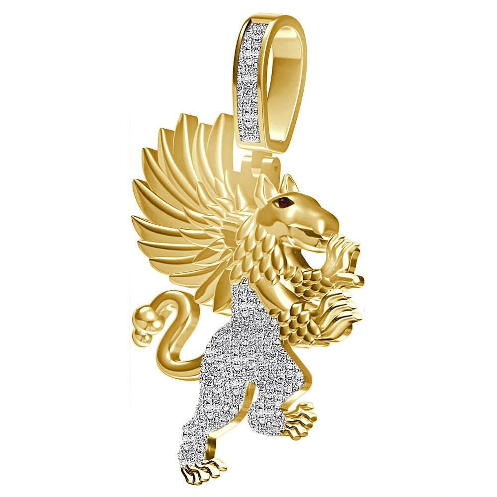 Real Genuine Authentic Diamond 0.65 Cwt. 24+ Grams Winged Griffin Lion Pagan Welsh Dragon Gryphon Greek Pendant 10K Gold On Charm Chain Set