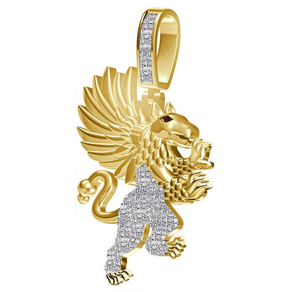 Real Genuine Authentic Diamond 0.65 Cwt. 24+ Grams Winged Griffin Lion Pagan Welsh Dragon Gryphon Greek Pendant 10K Gold On Charm Chain Set