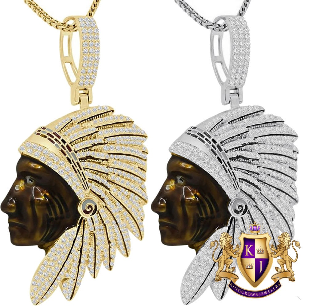 Real Sterling Silver 27+ Grams Brown Chocolate Face 14K Gold On Native American Indian Apache King Simulated Diamond Pendant Charm Big 2.5''