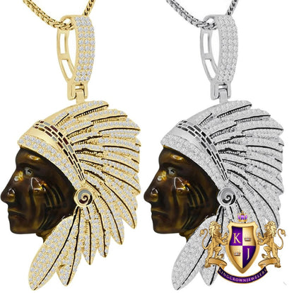 Real Sterling Silver 27+ Grams Brown Chocolate Face 14K Gold On Native American Indian Apache King Simulated Diamond Pendant Charm Big 2.5''