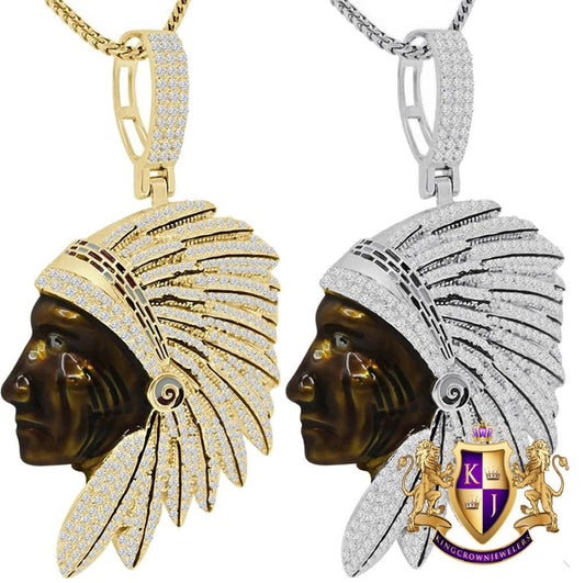 Real Sterling Silver 27+ Grams Brown Chocolate Face 14K Gold On Native American Indian Apache King Simulated Diamond Pendant Charm Big 2.5''