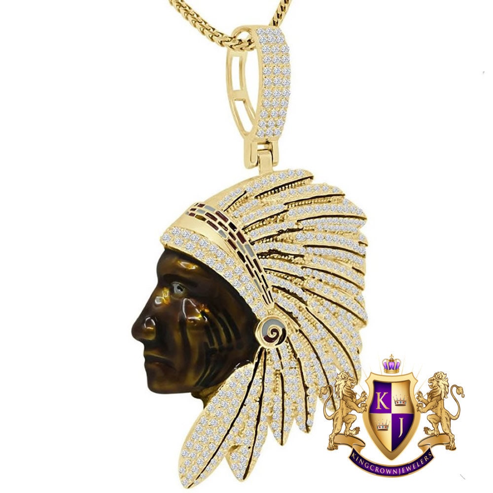 Real Sterling Silver 27+ Grams Brown Chocolate Face 14K Gold On Native American Indian Apache King Simulated Diamond Pendant Charm Big 2.5''