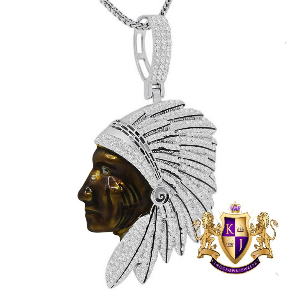 Real Sterling Silver 27+ Grams Brown Chocolate Face 14K Gold On Native American Indian Apache King Simulated Diamond Pendant Charm Big 2.5''
