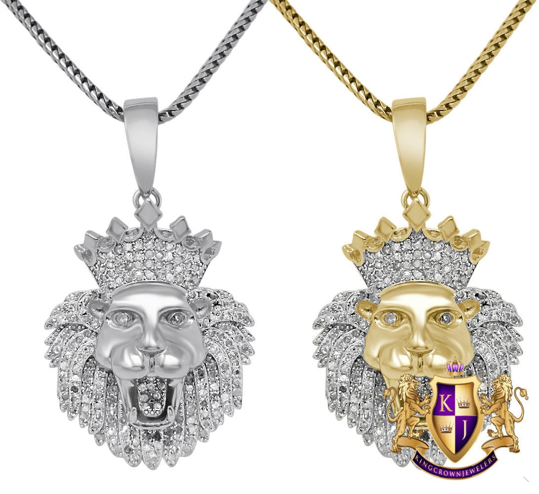 Real Genuine Authentic Diamond 0.75 Cwt. 15+ Grams Lion Head Crown Face Pendant 10K Gold Finish Custom Piece Charm Chain Neckless Set 1.65''
