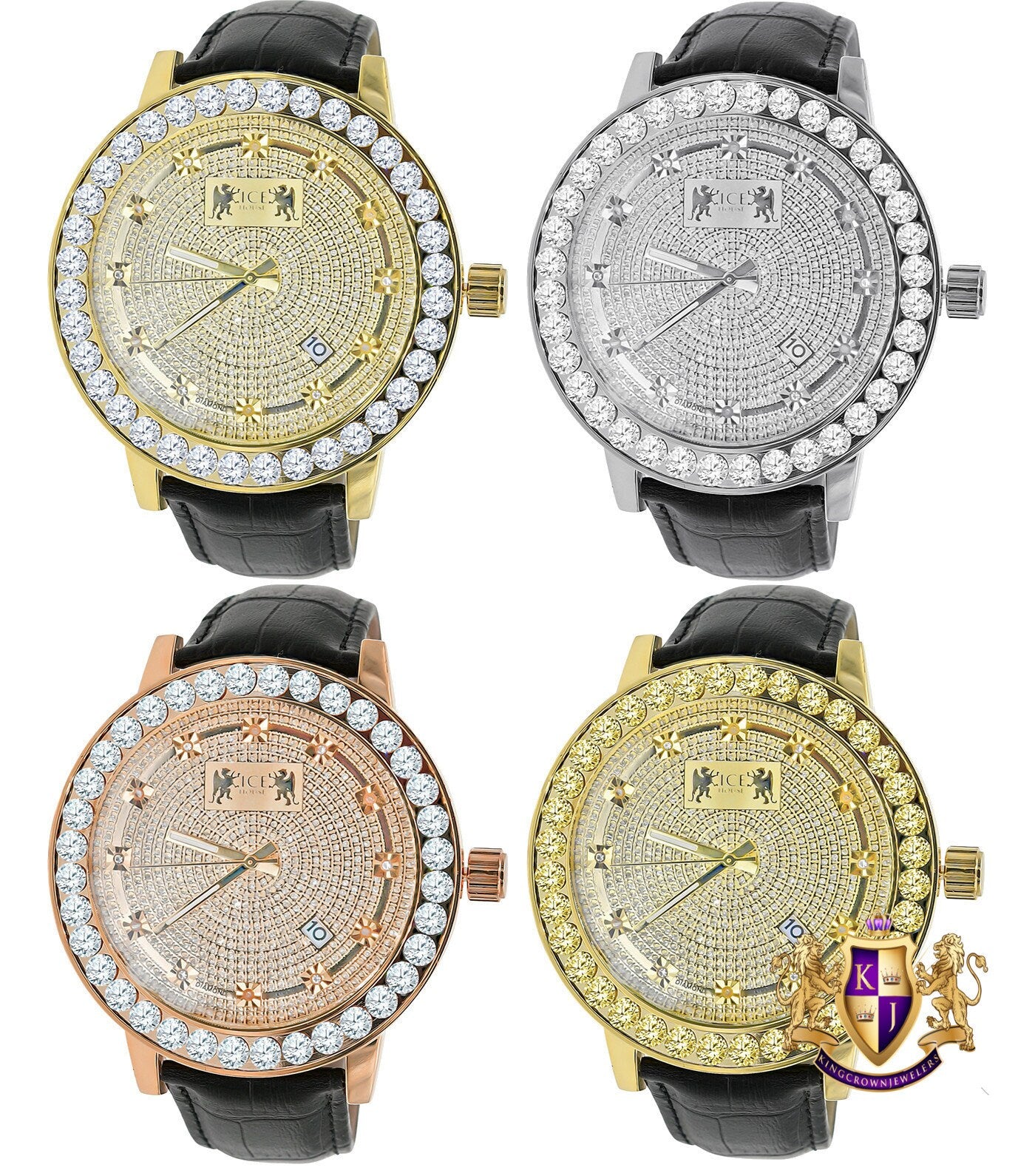 Real Diamond Dial Men's Channel Set Solitaire Bezel Solid Steel Back 5 ATM Water Resistant 18K Gold Finish Genuine Leather Band Watch 55mm