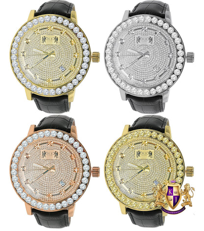 Real Diamond Dial Men's Channel Set Solitaire Bezel Solid Steel Back 5 ATM Water Resistant 18K Gold Finish Genuine Leather Band Watch 55mm
