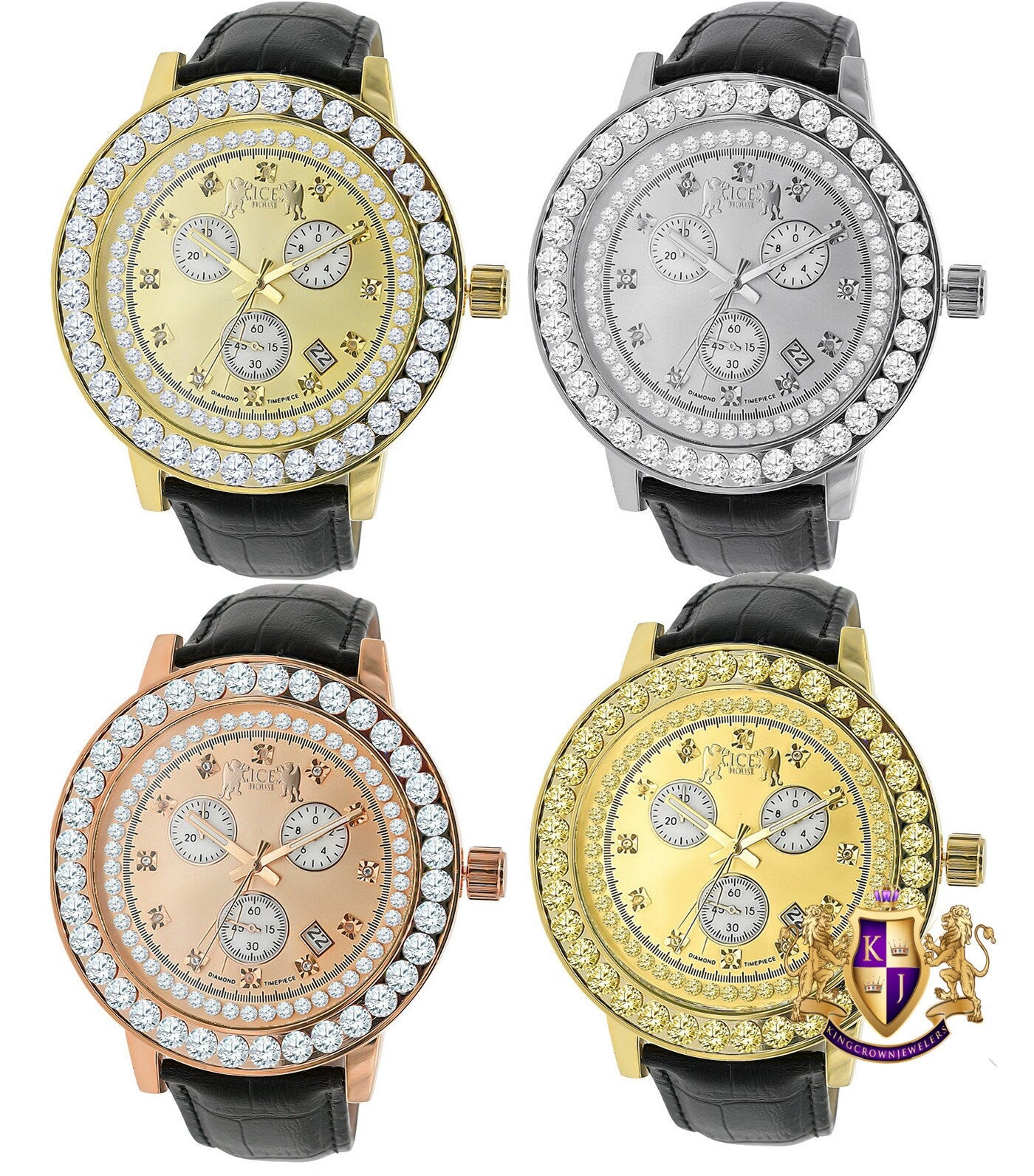 Men's Real Diamond Dial Channel Set Solitaire Bezel Solid Steel Back 5 ATM Water Resistant 18K Gold Finish Genuine Leather Band Watch 55mm