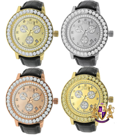 Men's Real Diamond Dial Channel Set Solitaire Bezel Solid Steel Back 5 ATM Water Resistant 18K Gold Finish Genuine Leather Band Watch 55mm