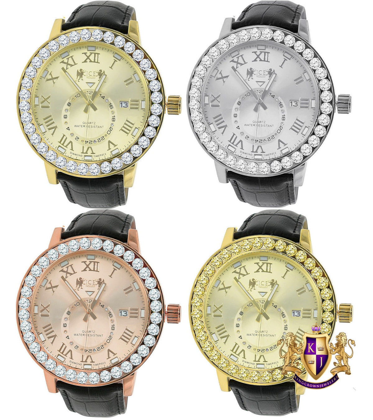 Roman Numeral Dial Simulated Diamond Channel Set Solitaire Bezel Solid Steel Back 18K Gold Finish Genuine Leather Band Men's Watch Big 55mm