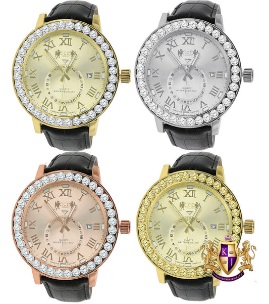 Roman Numeral Dial Simulated Diamond Channel Set Solitaire Bezel Solid Steel Back 18K Gold Finish Genuine Leather Band Men's Watch Big 55mm