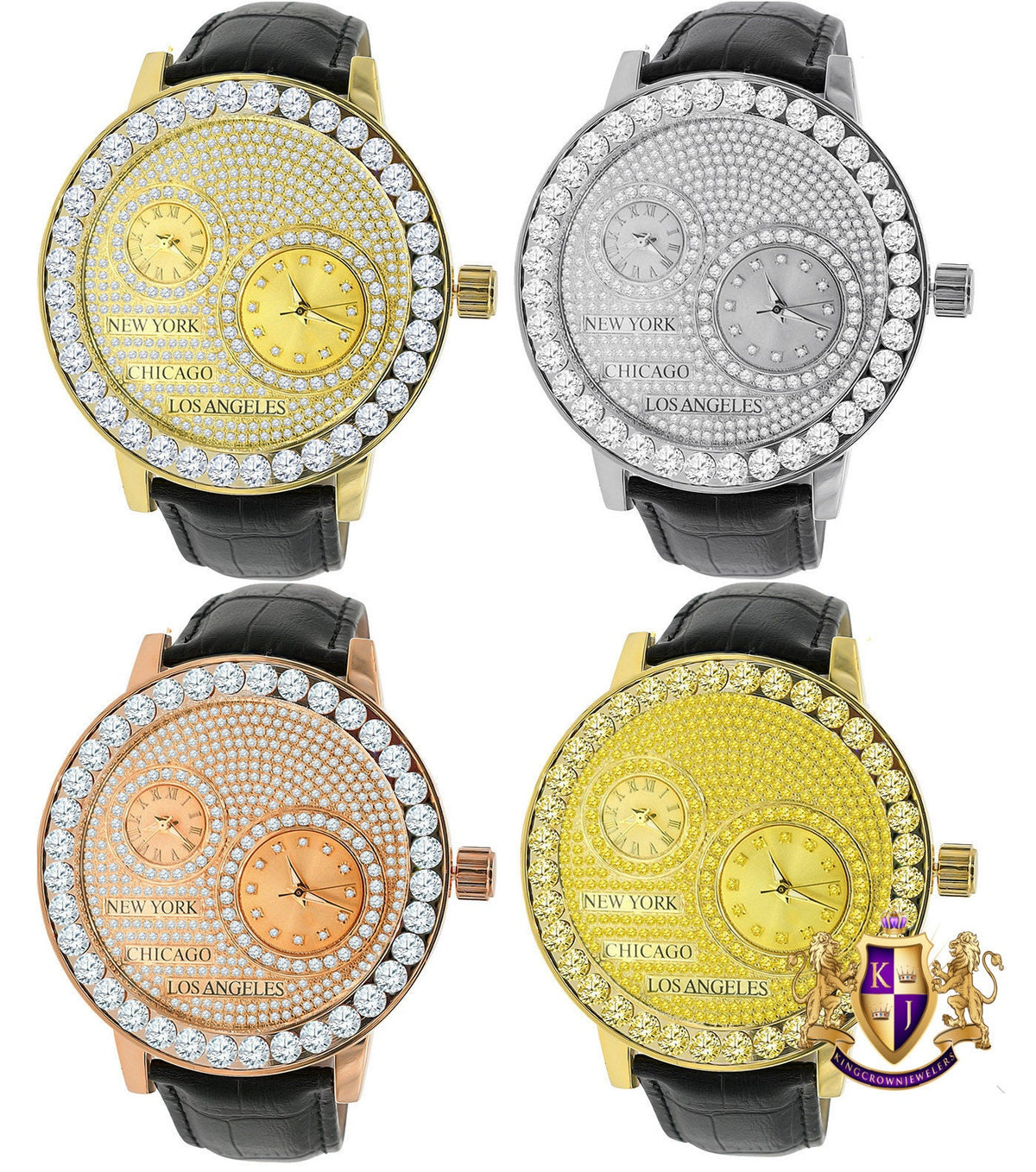 2 Time Zone Working Chronograph Men's Channel Set Solitaire Bezel Simulated Diamond Steel Back 18K Gold Tone Genuine Leather Band Watch 55mm