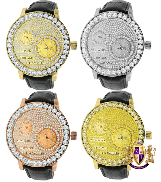 2 Time Zone Working Chronograph Men's Channel Set Solitaire Bezel Simulated Diamond Steel Back 18K Gold Tone Genuine Leather Band Watch 55mm