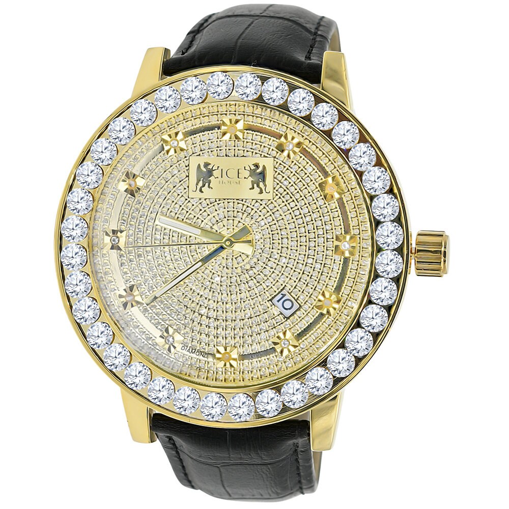 Real Diamond Dial Men's Channel Set Solitaire Bezel Solid Steel Back 5 ATM Water Resistant 18K Gold Finish Genuine Leather Band Watch 55mm