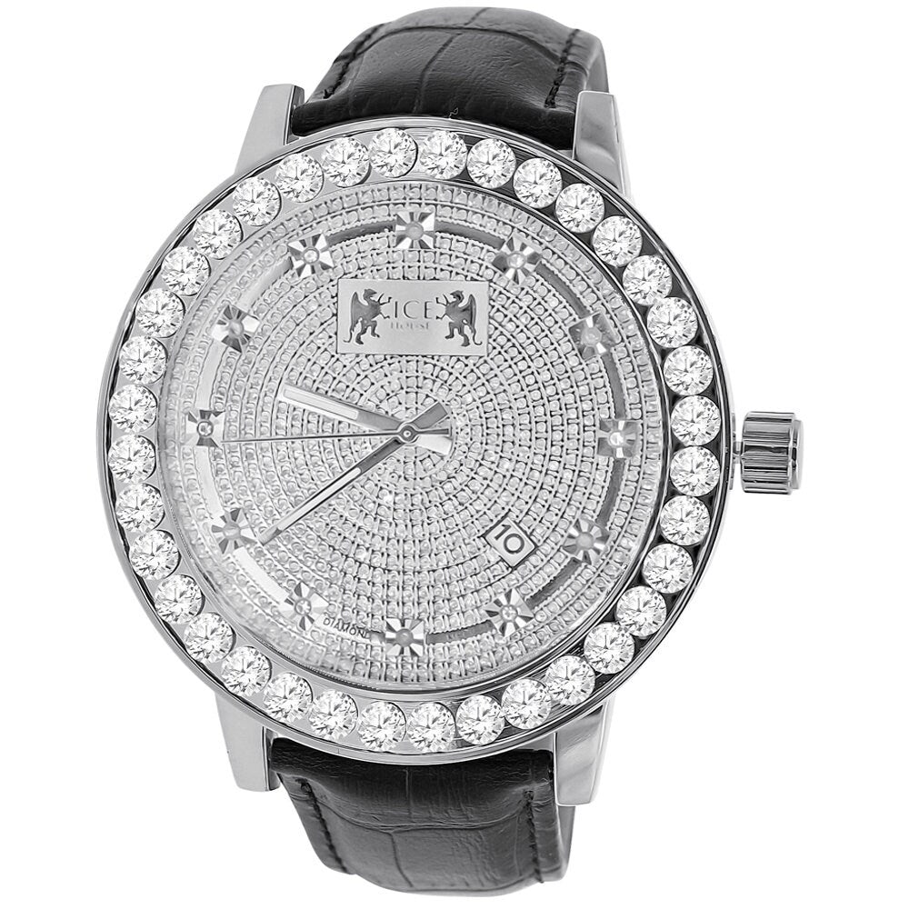 Real Diamond Dial Men's Channel Set Solitaire Bezel Solid Steel Back 5 ATM Water Resistant 18K Gold Finish Genuine Leather Band Watch 55mm