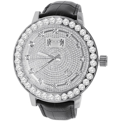 Real Diamond Dial Men's Channel Set Solitaire Bezel Solid Steel Back 5 ATM Water Resistant 18K Gold Finish Genuine Leather Band Watch 55mm
