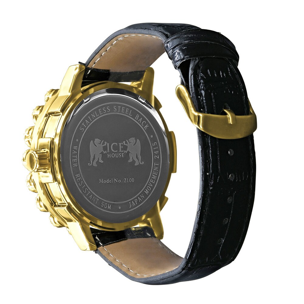 Roman Numeral Face Real Diamond Dial Men's Channel Set Solitaire Bezel Solid Steel Back  18K Gold Finish Genuine Leather Band Watch Big 55mm