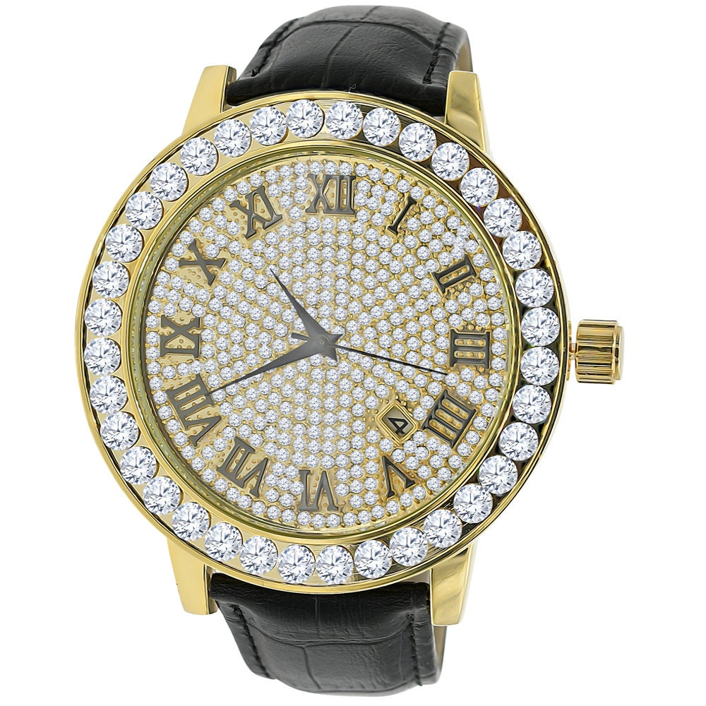 Roman Numeral Face Men's Channel Set Solitaire Bezel Simulated Diamond Solid Steel Back 18K Gold Finish Genuine Leather Band Watch Big 55mm