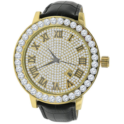 Roman Numeral Face Men's Channel Set Solitaire Bezel Simulated Diamond Solid Steel Back 18K Gold Finish Genuine Leather Band Watch Big 55mm